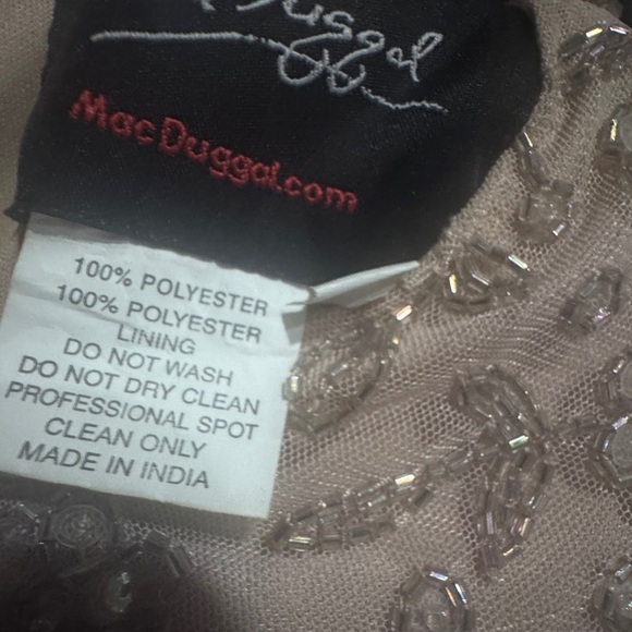 Mac Duggal Beige Beaded Tea Length Dress w/ Sheer Sleeves - Picture 8 of 14